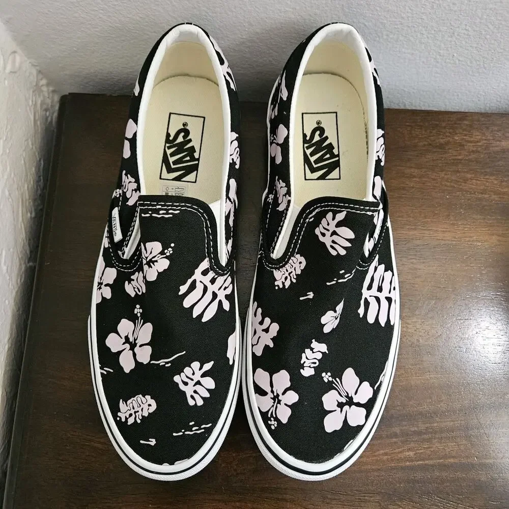 Vans Classic Slip On Men's 7.5 Women's 9 Black Pink Floral Archive Casual - Picture 2 of 7